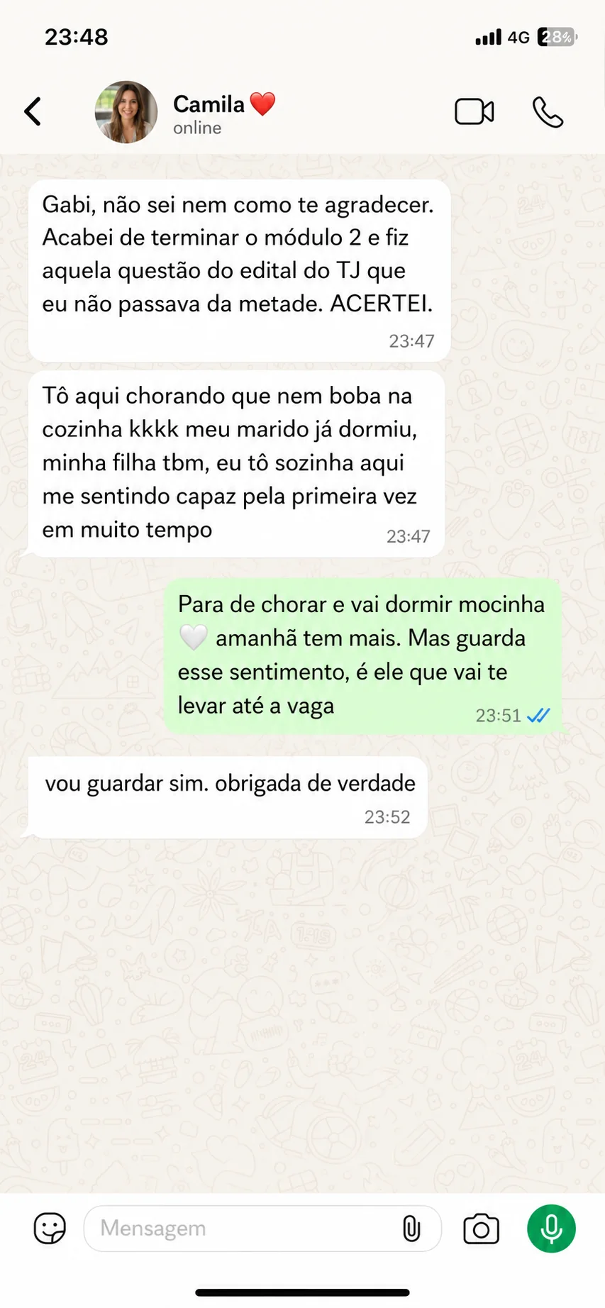 Mensagem da Camila para Gabi